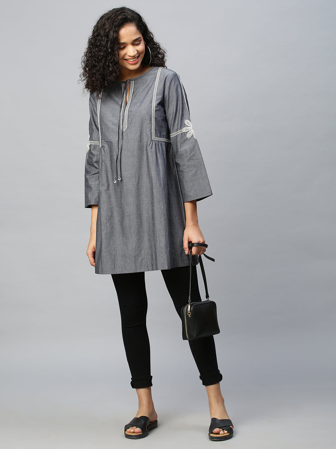 Embroidered Charcoal Chambray Kurta