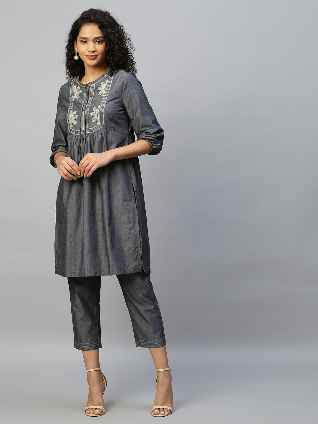 Embroidered Charcoal Chambray Kurta