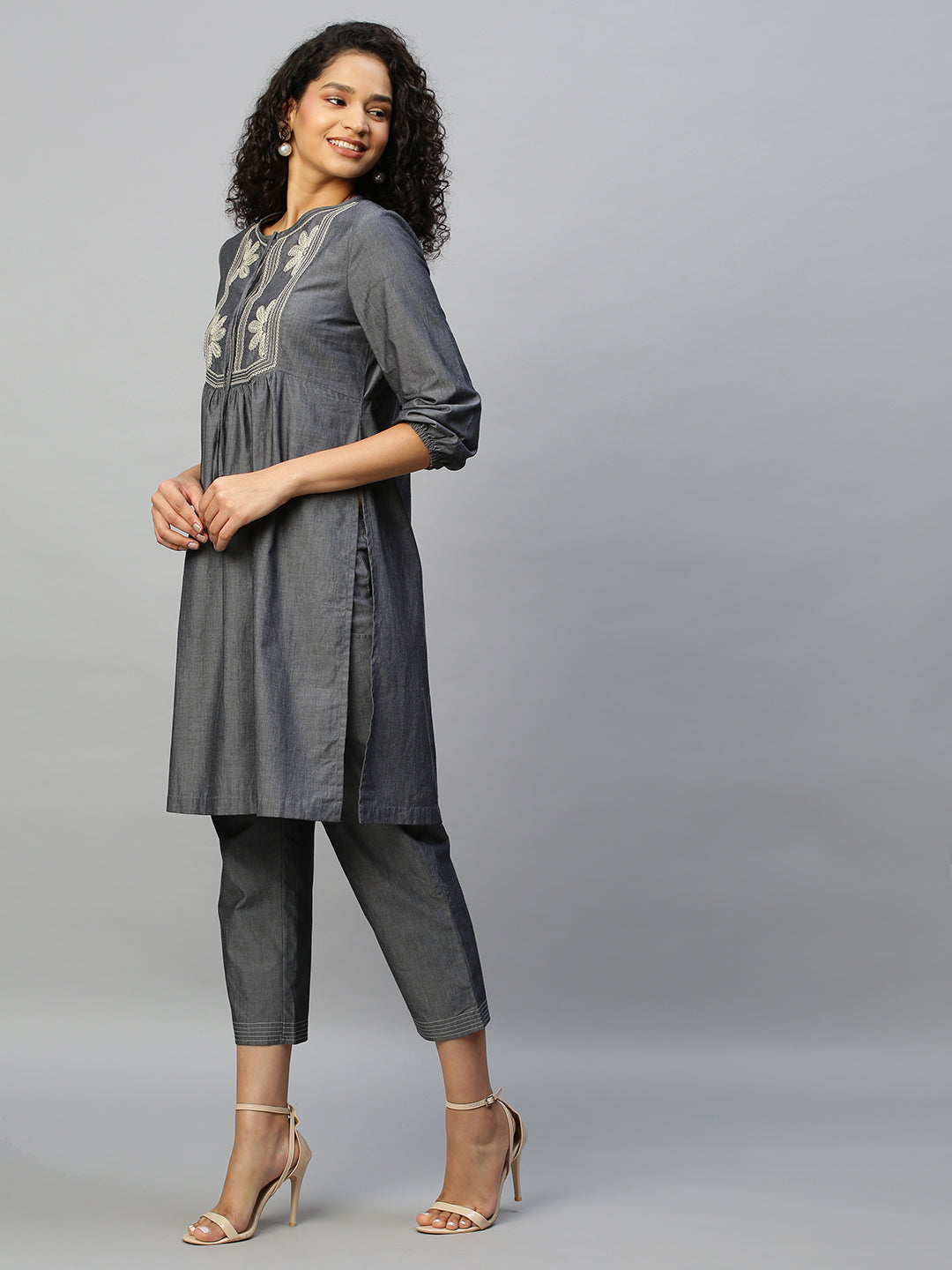 Embroidered Charcoal Chambray Kurta