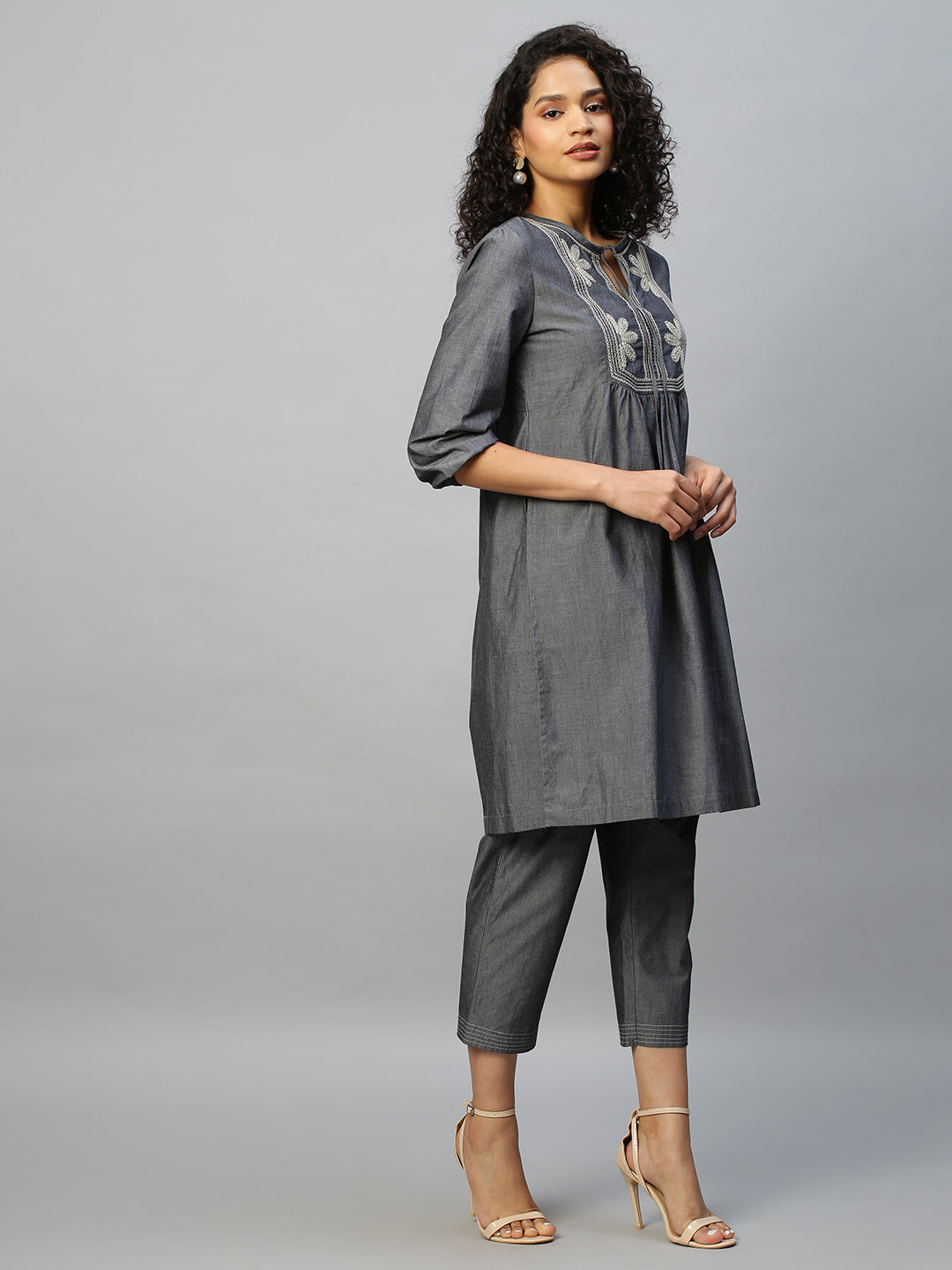 Embroidered Charcoal Chambray Kurta