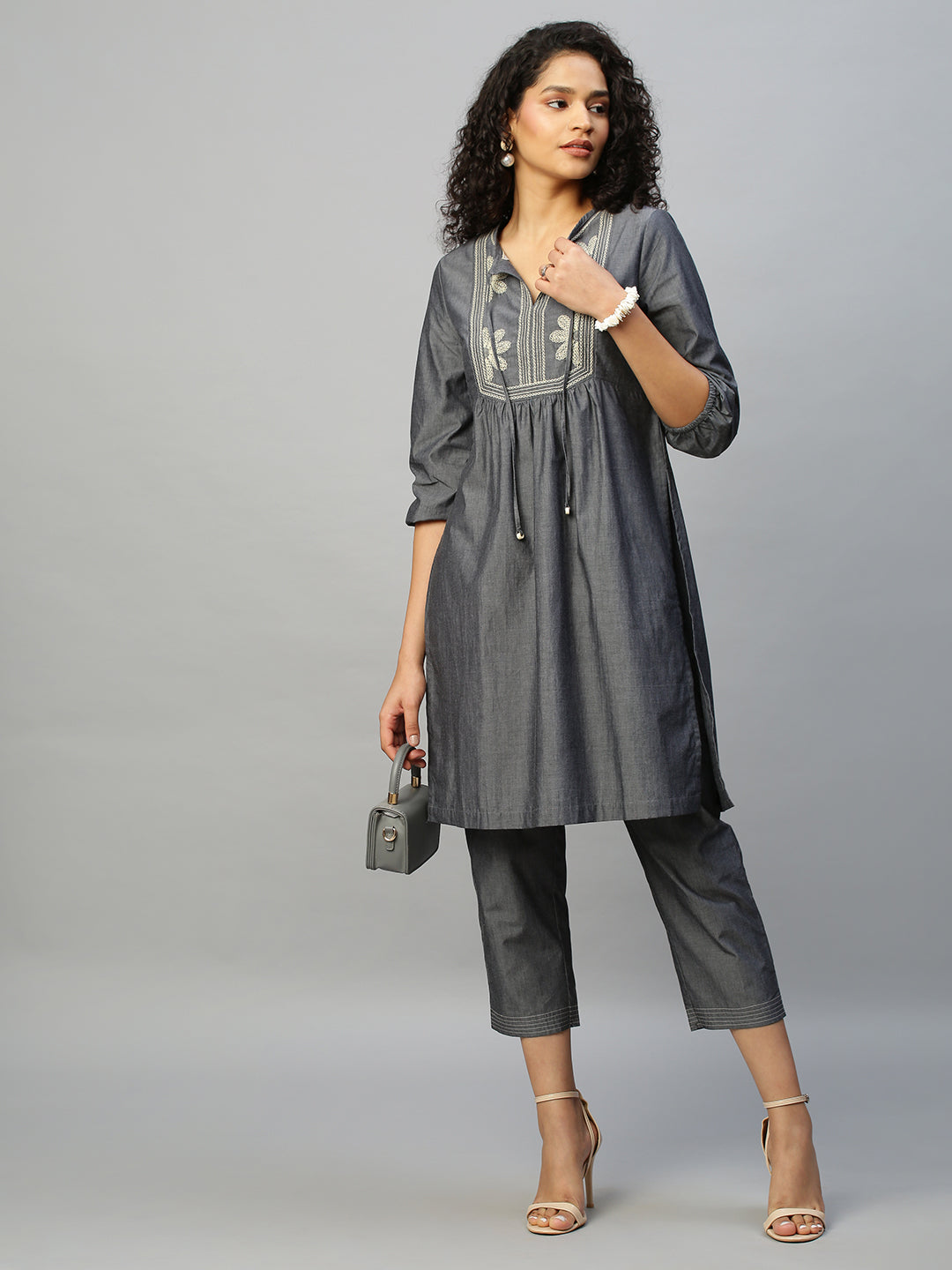 Embroidered Charcoal Chambray Kurta