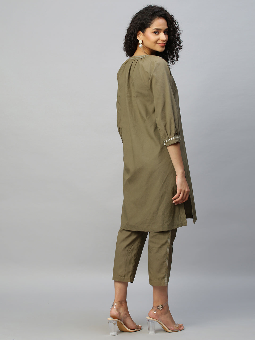 Embroidered Tie Neck Raglan Sleeved Cotton Poplin Kurta Set