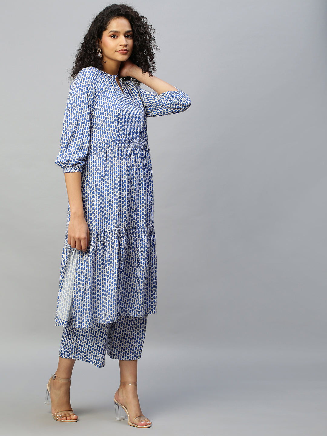 Aztec Polka Printed Rayon Tiered Kurta With Wide Leg Pyjamas