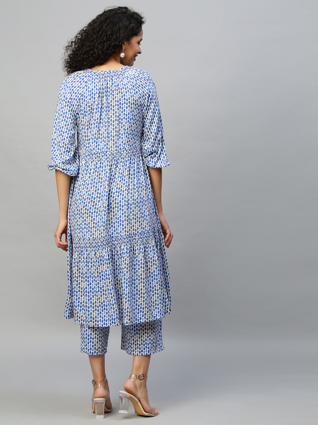 Aztec Polka Printed Rayon Tiered Kurta With Wide Leg Pyjamas