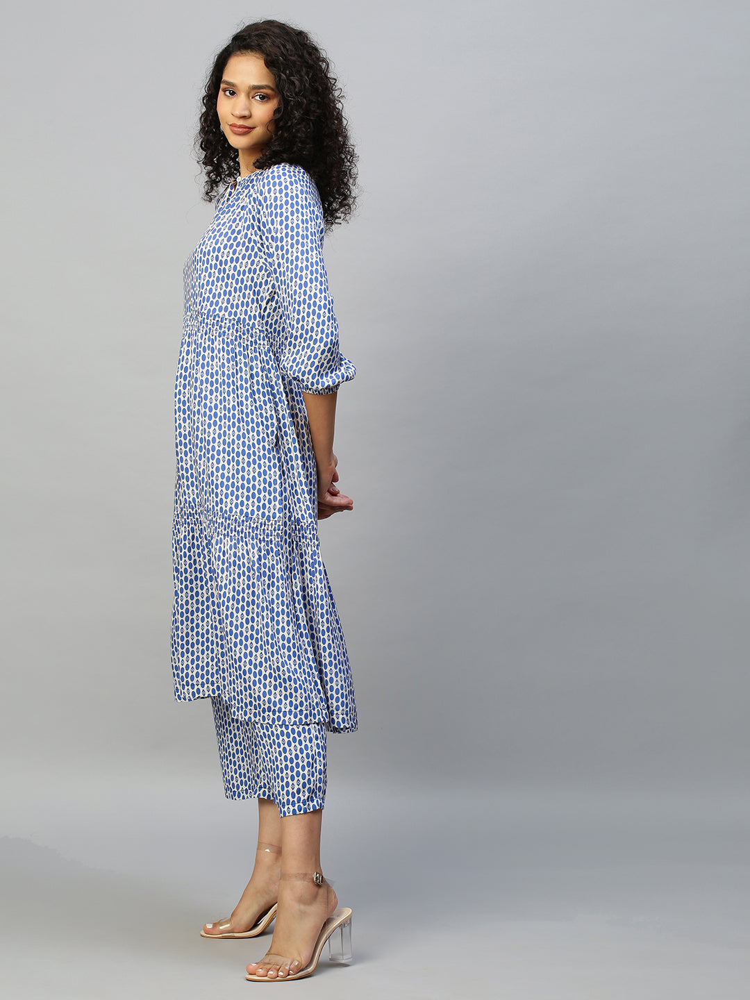 Aztec Polka Printed Rayon Tiered Kurta With Wide Leg Pyjamas