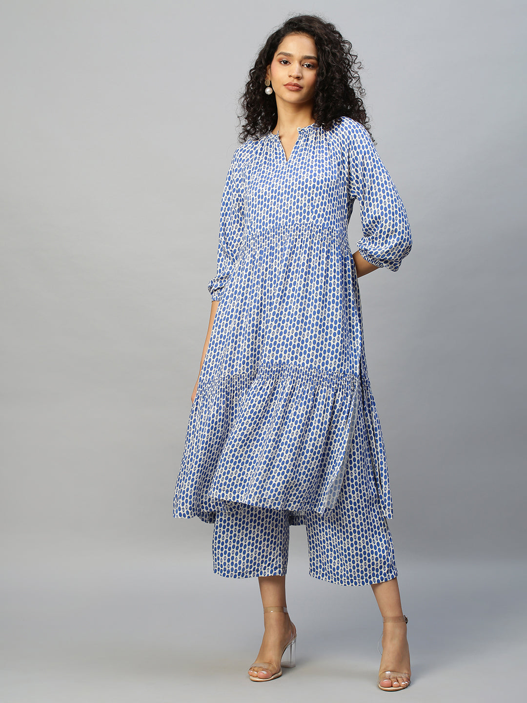 Aztec Polka Printed Rayon Tiered Kurta With Wide Leg Pyjamas