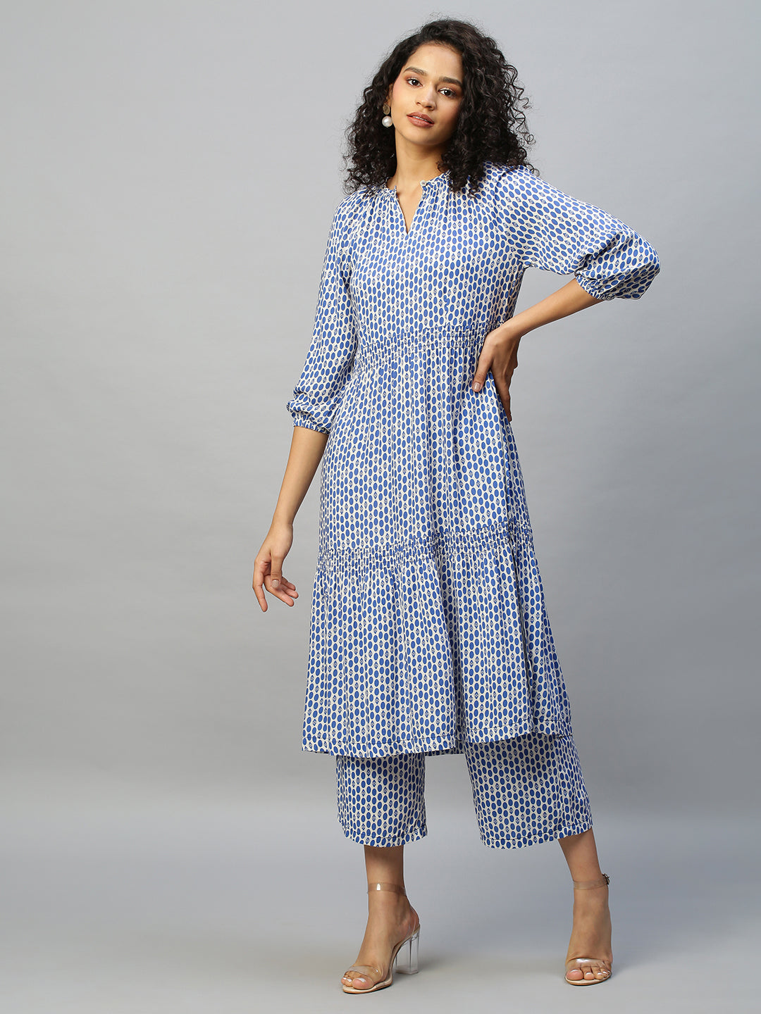 Aztec Polka Printed Rayon Tiered Kurta With Wide Leg Pyjamas