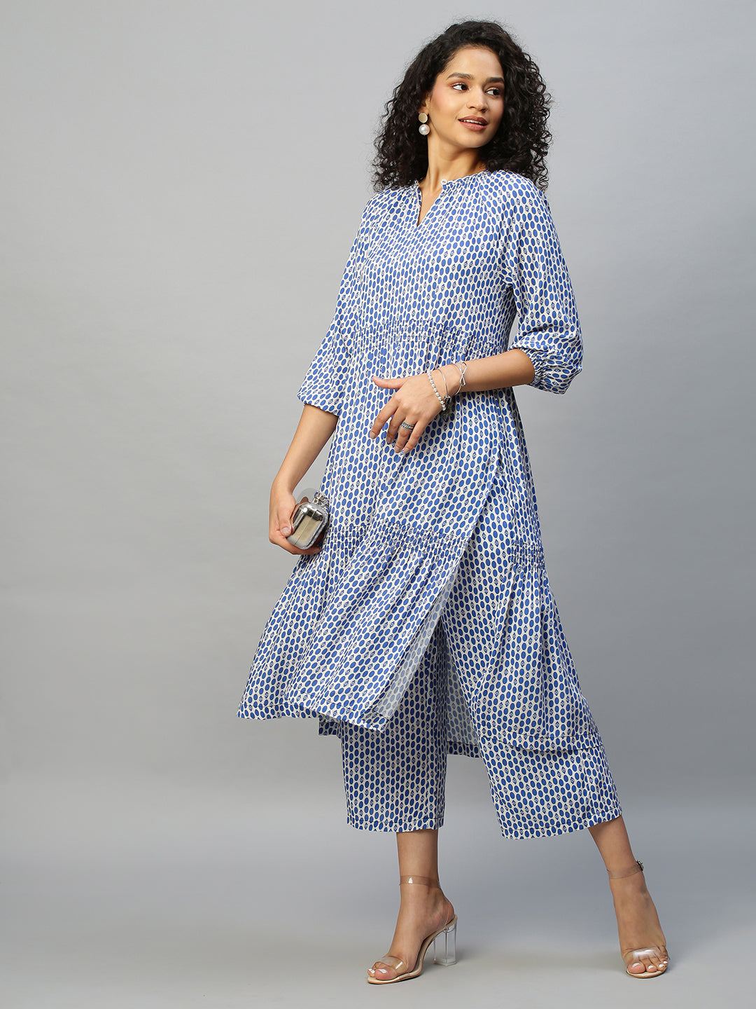 Aztec Polka Printed Rayon Tiered Kurta With Wide Leg Pyjamas