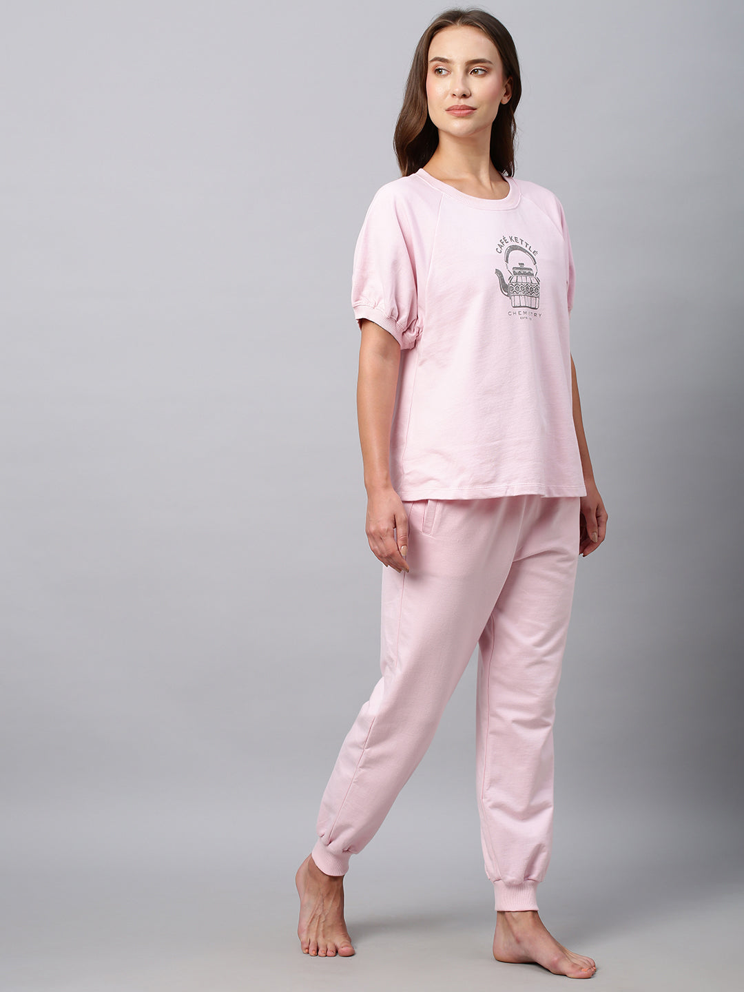 Cotton French Terry Graphic Printed Tee And Joggers Lounge Set