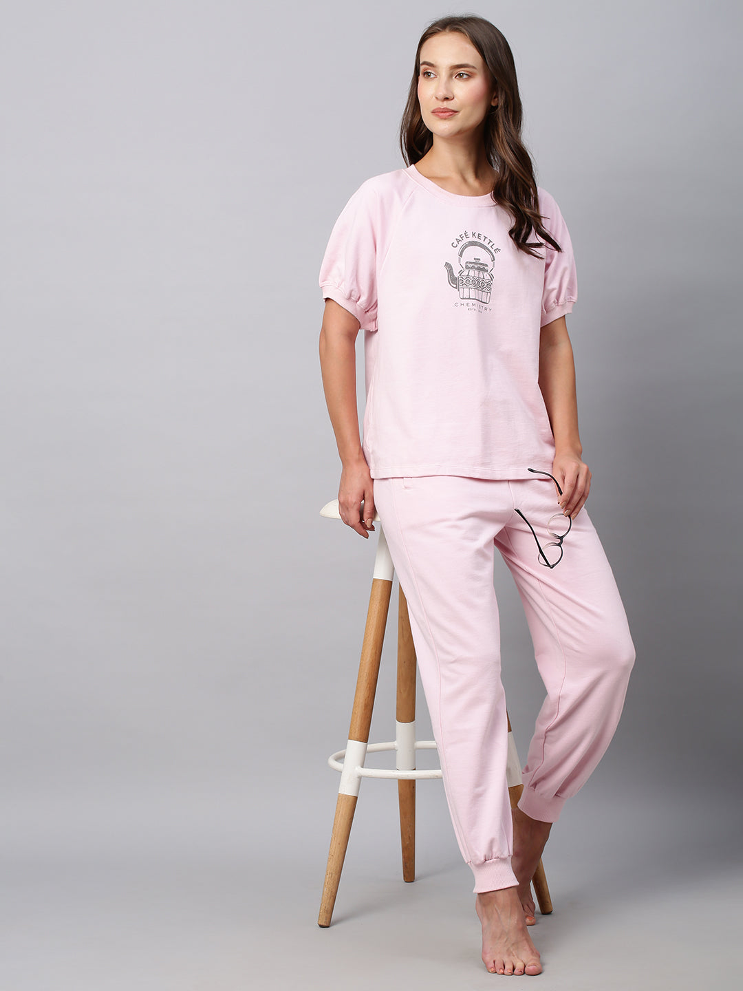 Cotton French Terry Graphic Printed Tee And Joggers Lounge Set
