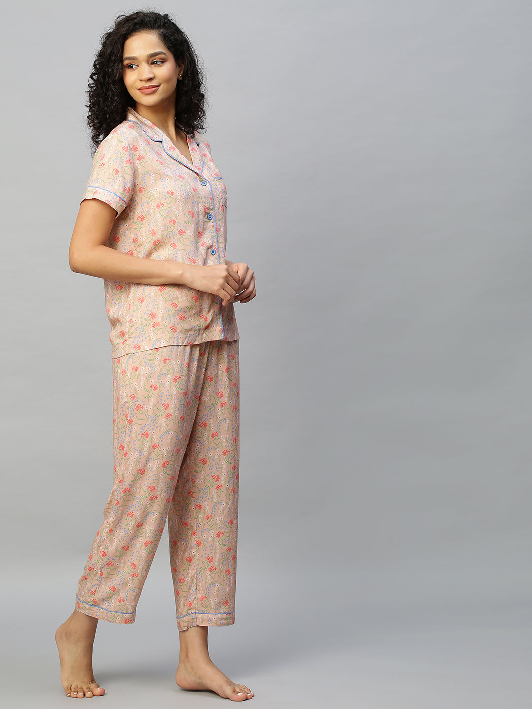 Floral Printed Rayon Night Suit With Contrast Piping