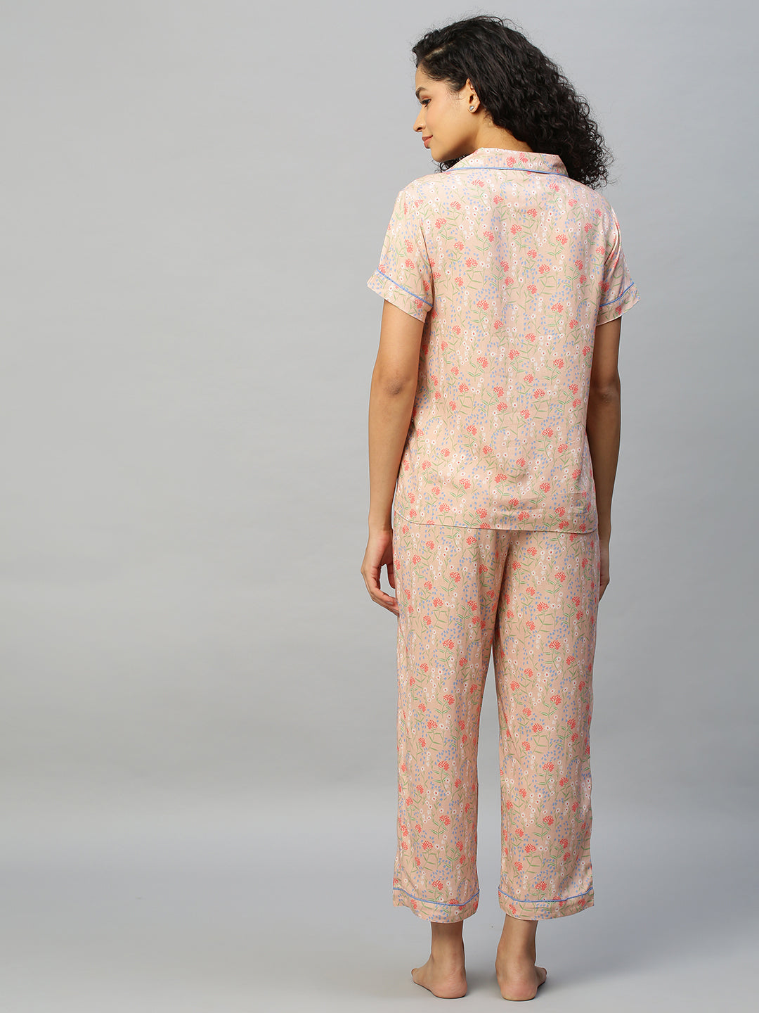 Floral Printed Rayon Night Suit With Contrast Piping