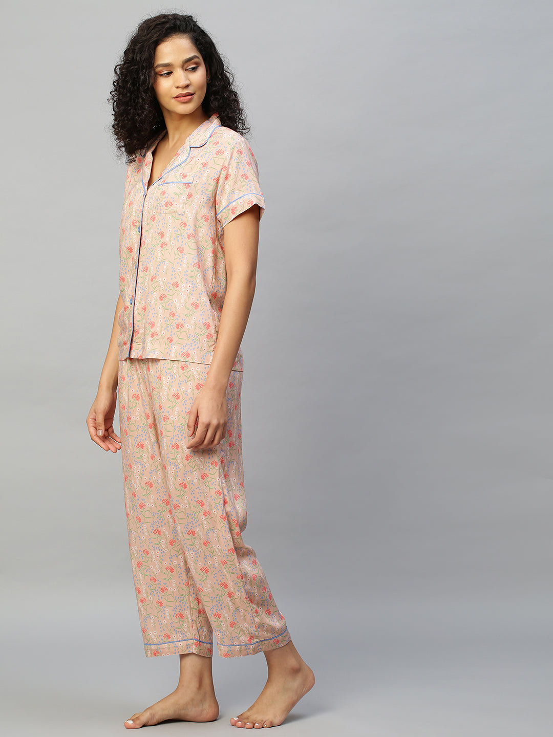 Floral Printed Rayon Night Suit With Contrast Piping