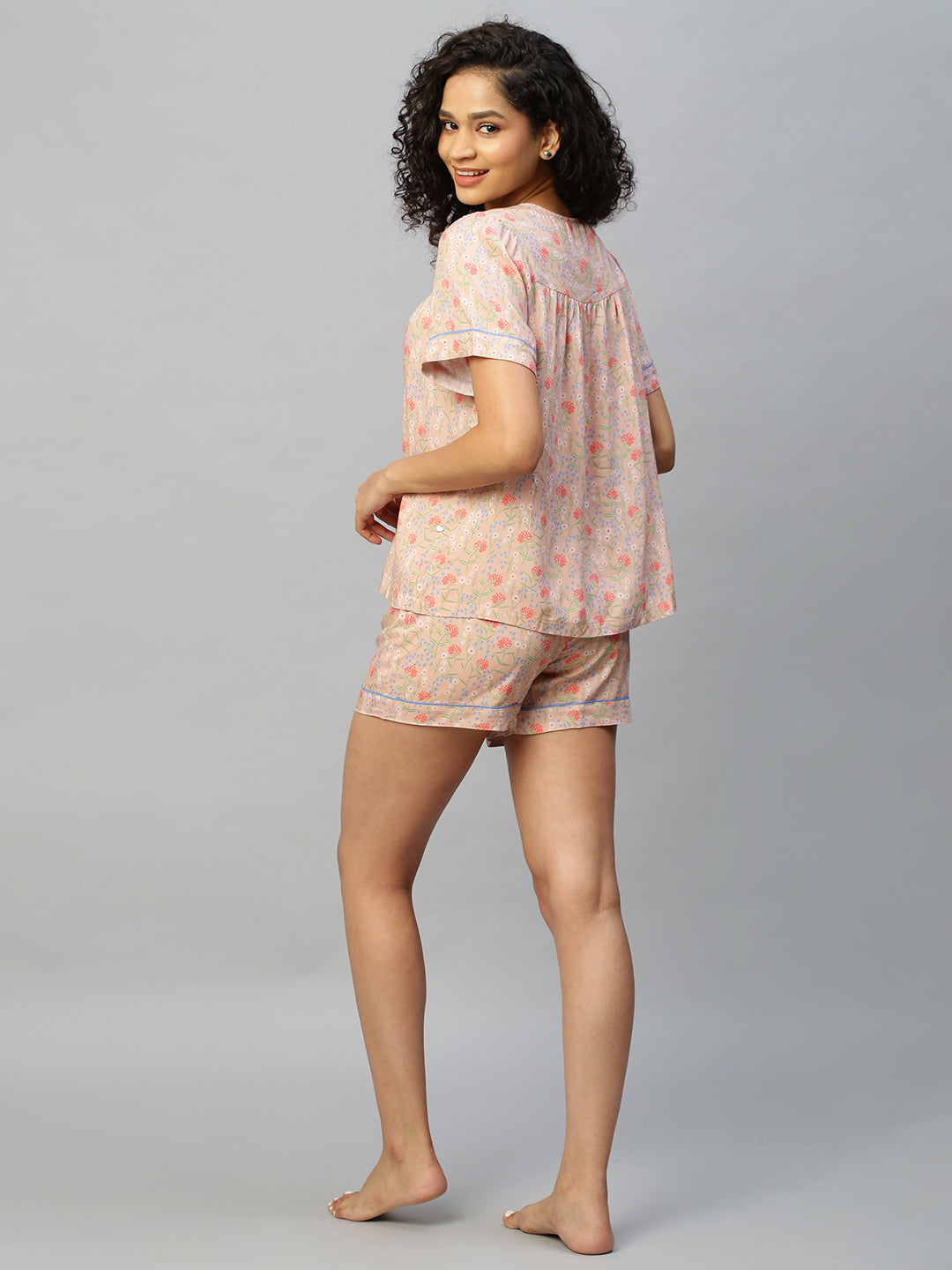 Floral Printed Rayon Night Suit With Contrast Piping