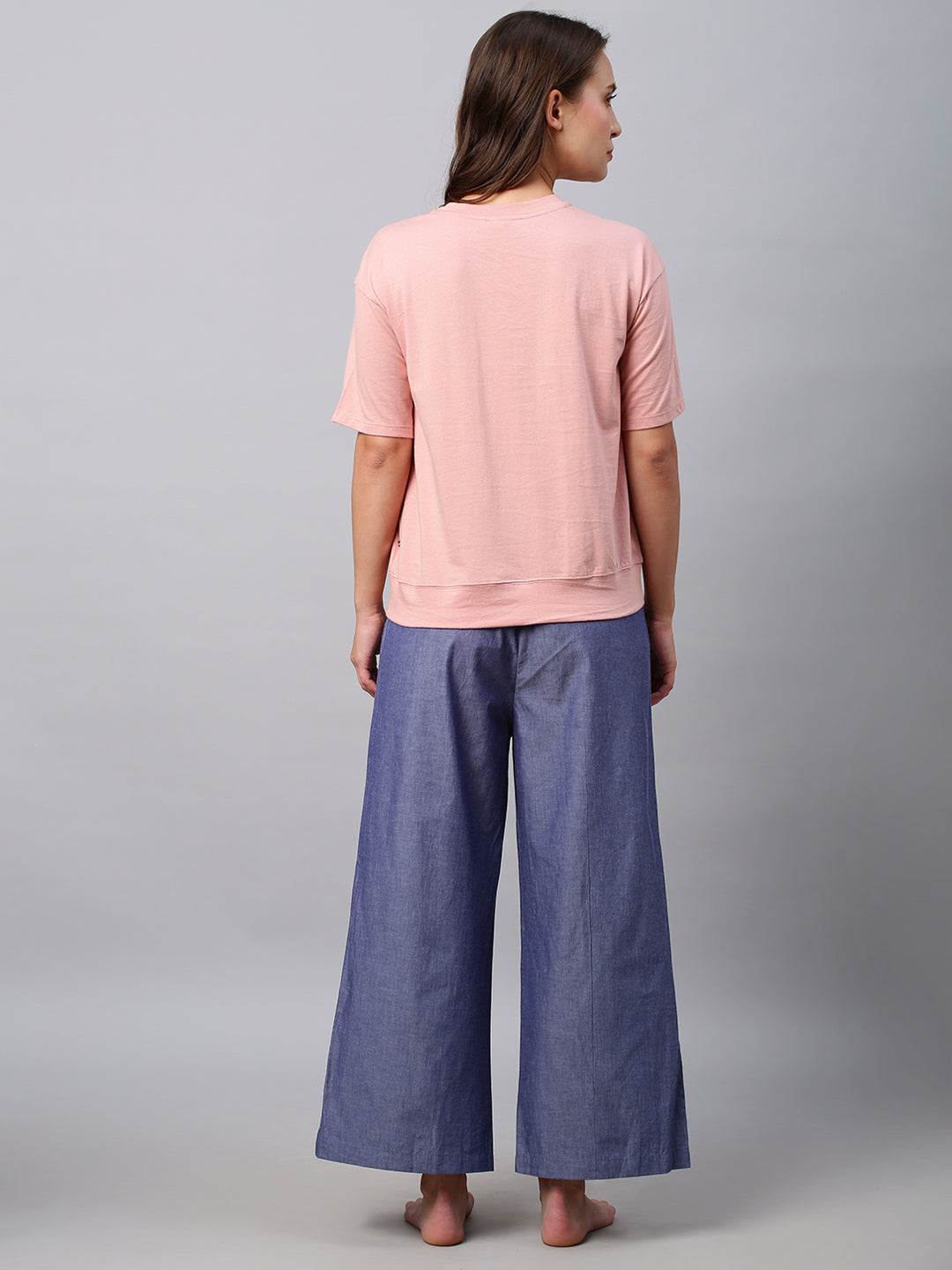 Drop Shoulder Graphic Printed Cotton Jersey Tee W/ Chambray Wide Leg Pj's
