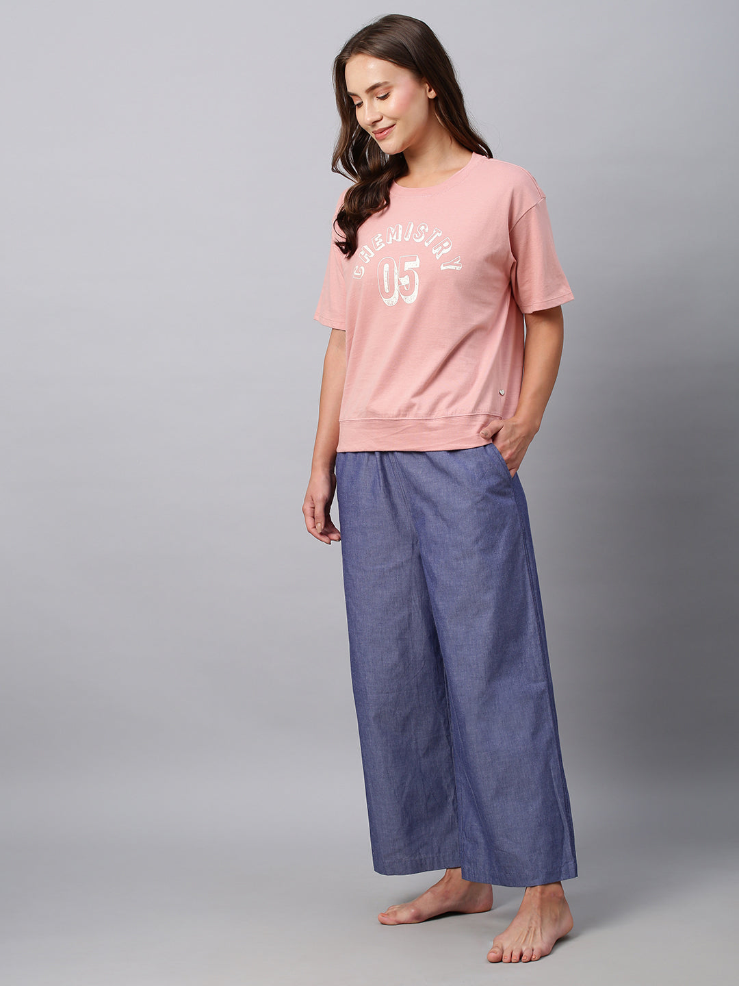 Drop Shoulder Graphic Printed Cotton Jersey Tee W/ Chambray Wide Leg Pj's