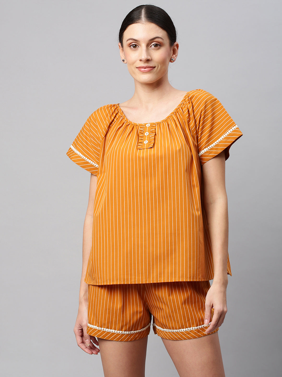 Mustard Striped Cotton Night Suit