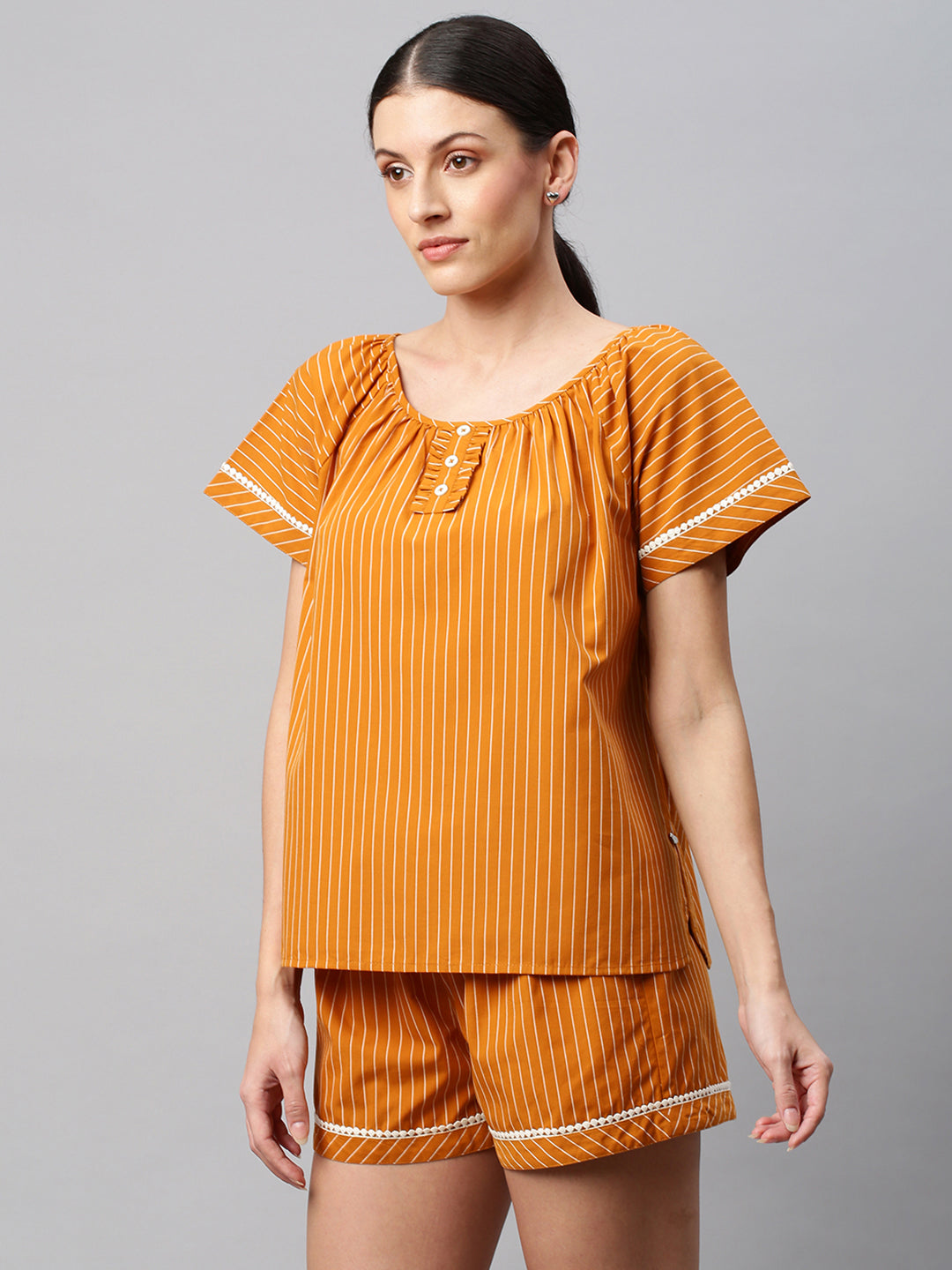 Mustard Striped Cotton Night Suit