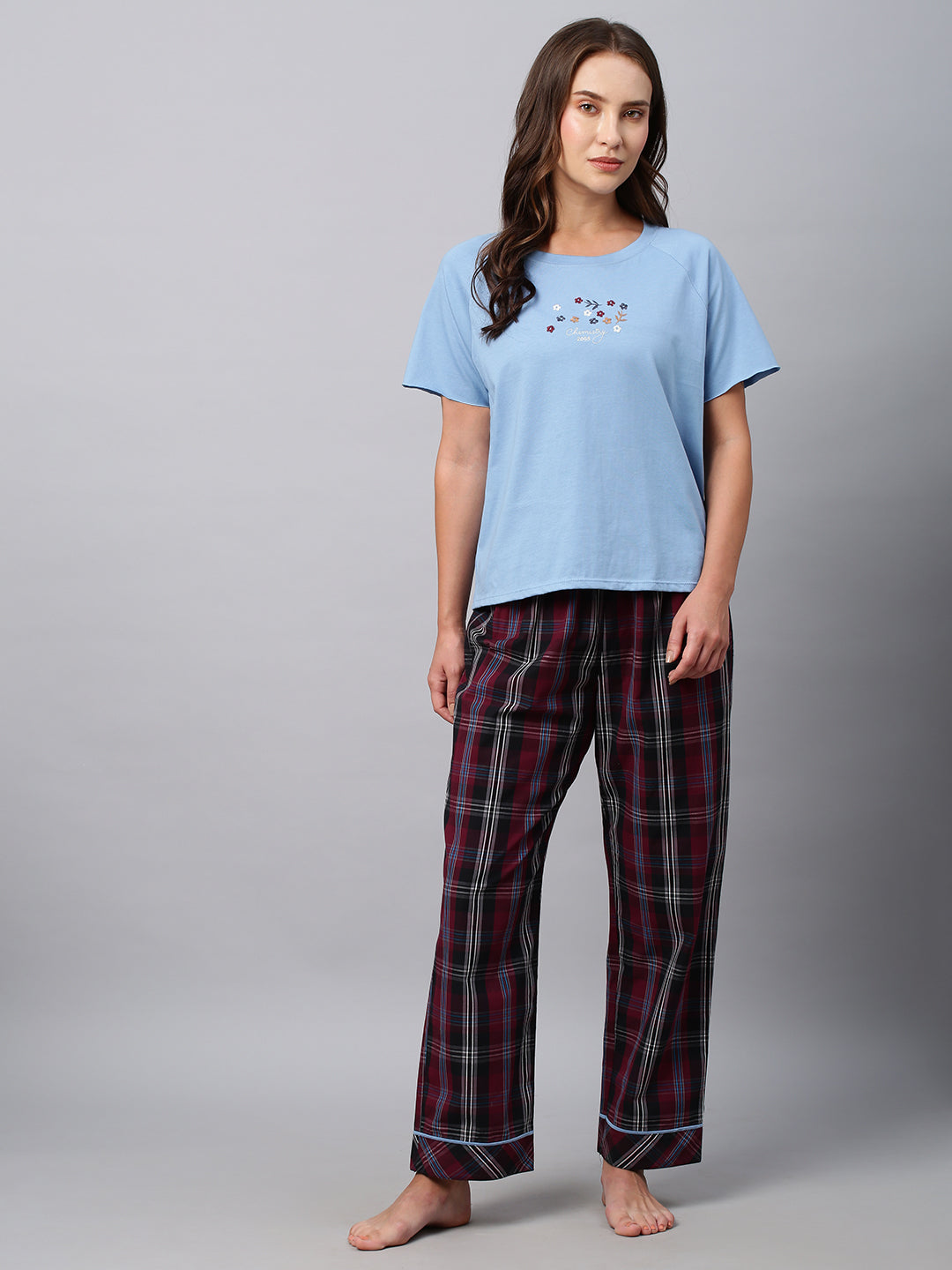 Embroidered Raglan Cotton Jersey Tee W/ Plaid Pj's