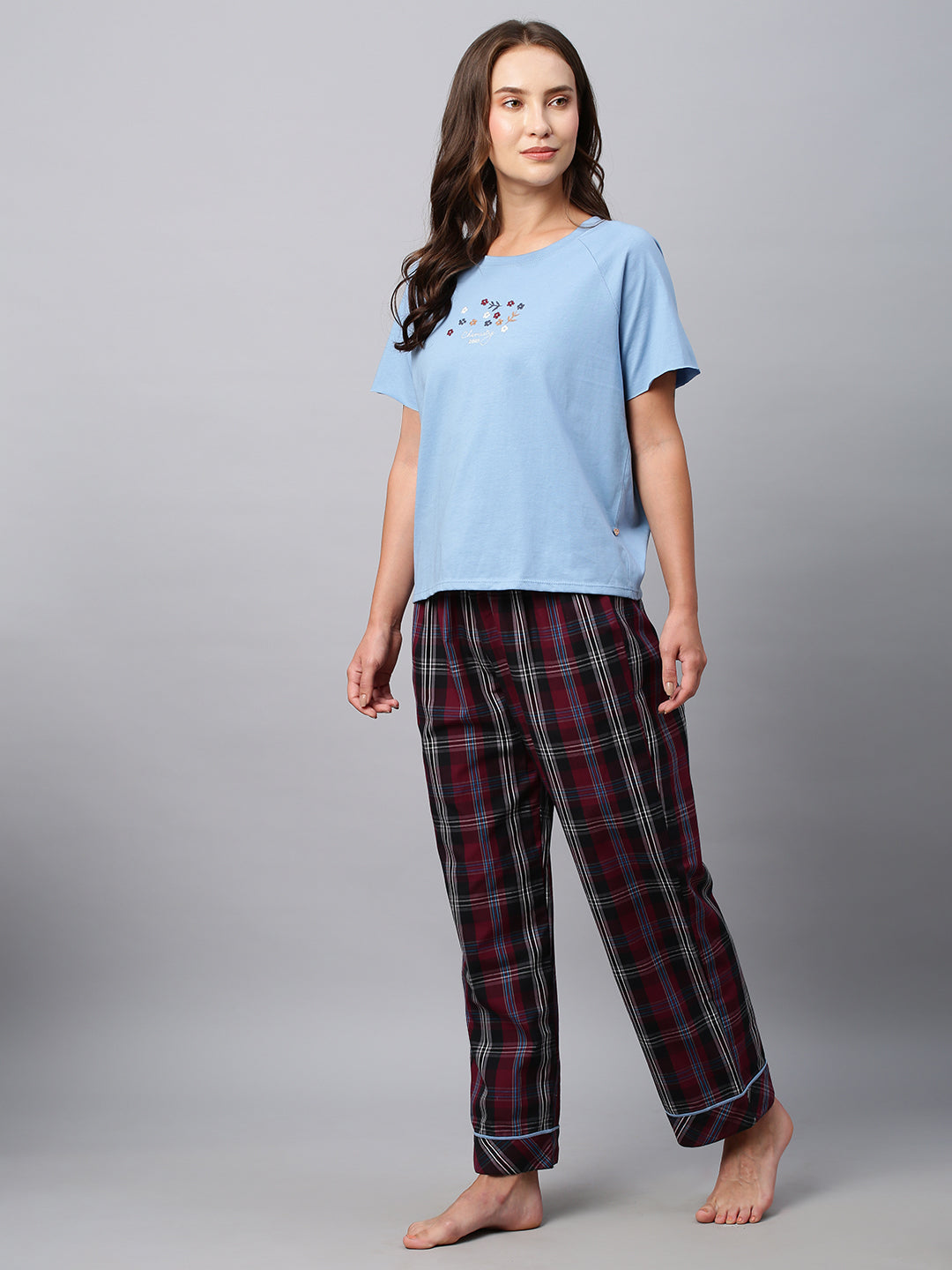 Embroidered Raglan Cotton Jersey Tee W/ Plaid Pj's