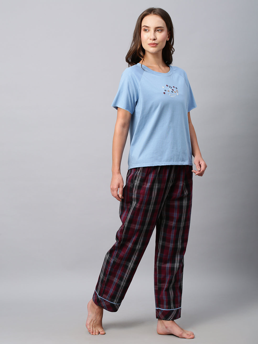 Embroidered Raglan Cotton Jersey Tee W/ Plaid Pj's