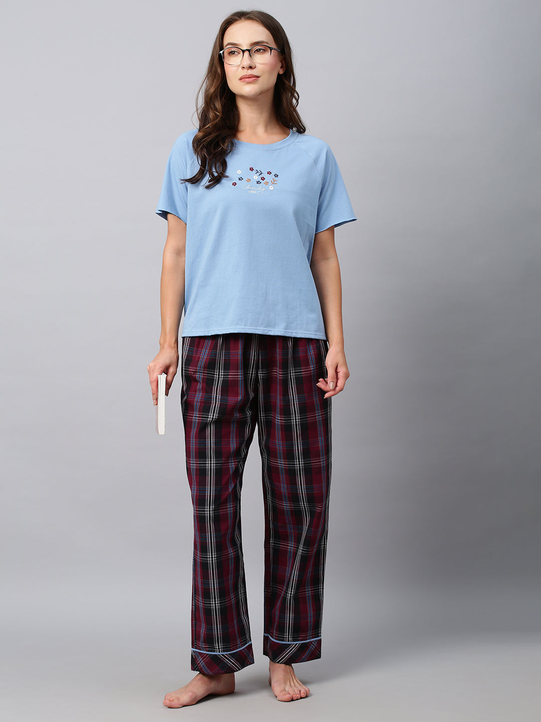 Embroidered Raglan Cotton Jersey Tee W/ Plaid Pj's