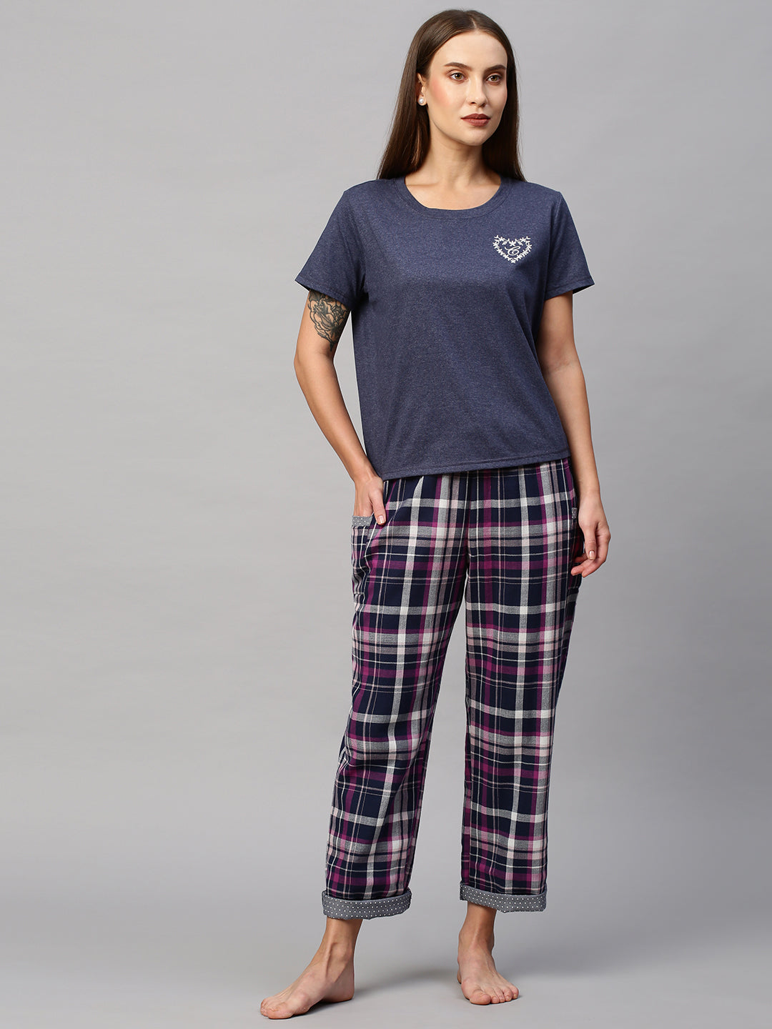 Embroidered Cotton Jersey Tee W/ Plaid Double Fabric Pj's