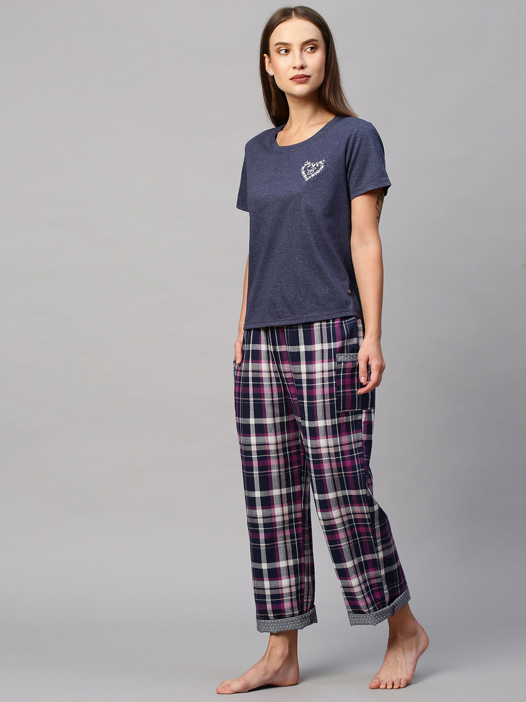 Embroidered Cotton Jersey Tee W/ Plaid Double Fabric Pj's