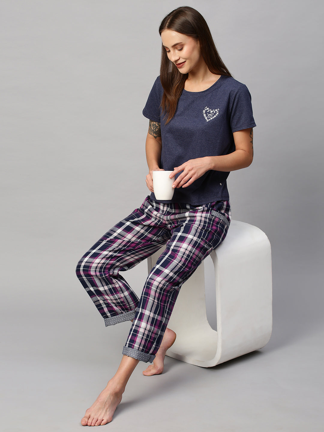 Embroidered Cotton Jersey Tee W/ Plaid Double Fabric Pj's