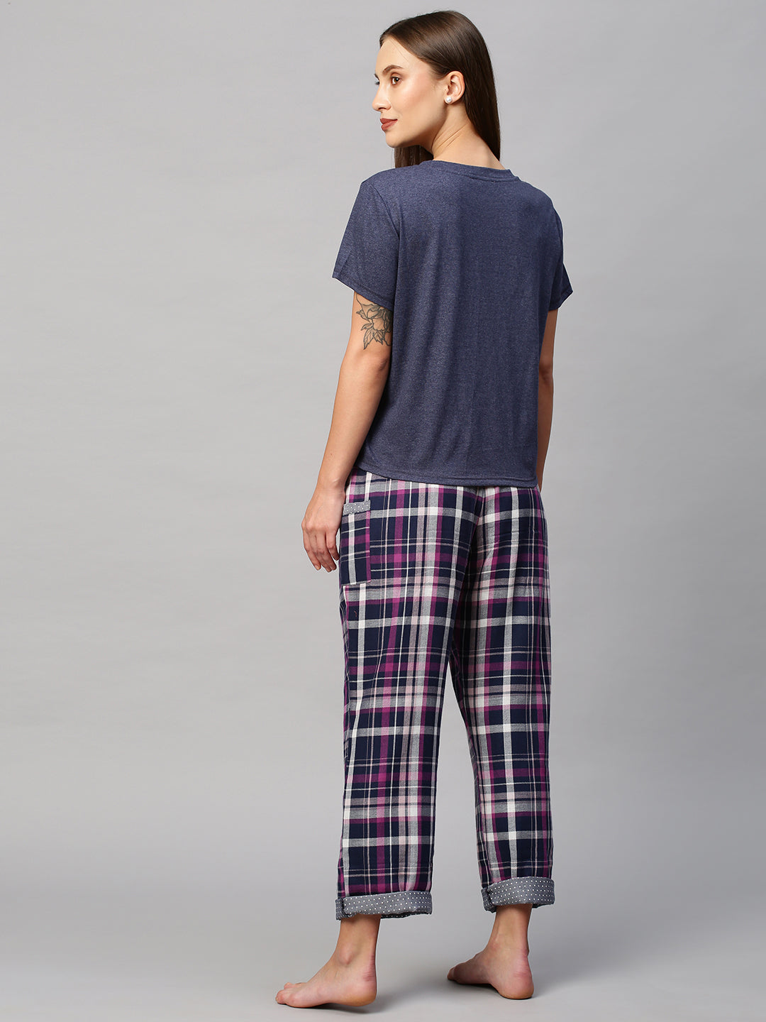 Embroidered Cotton Jersey Tee W/ Plaid Double Fabric Pj's
