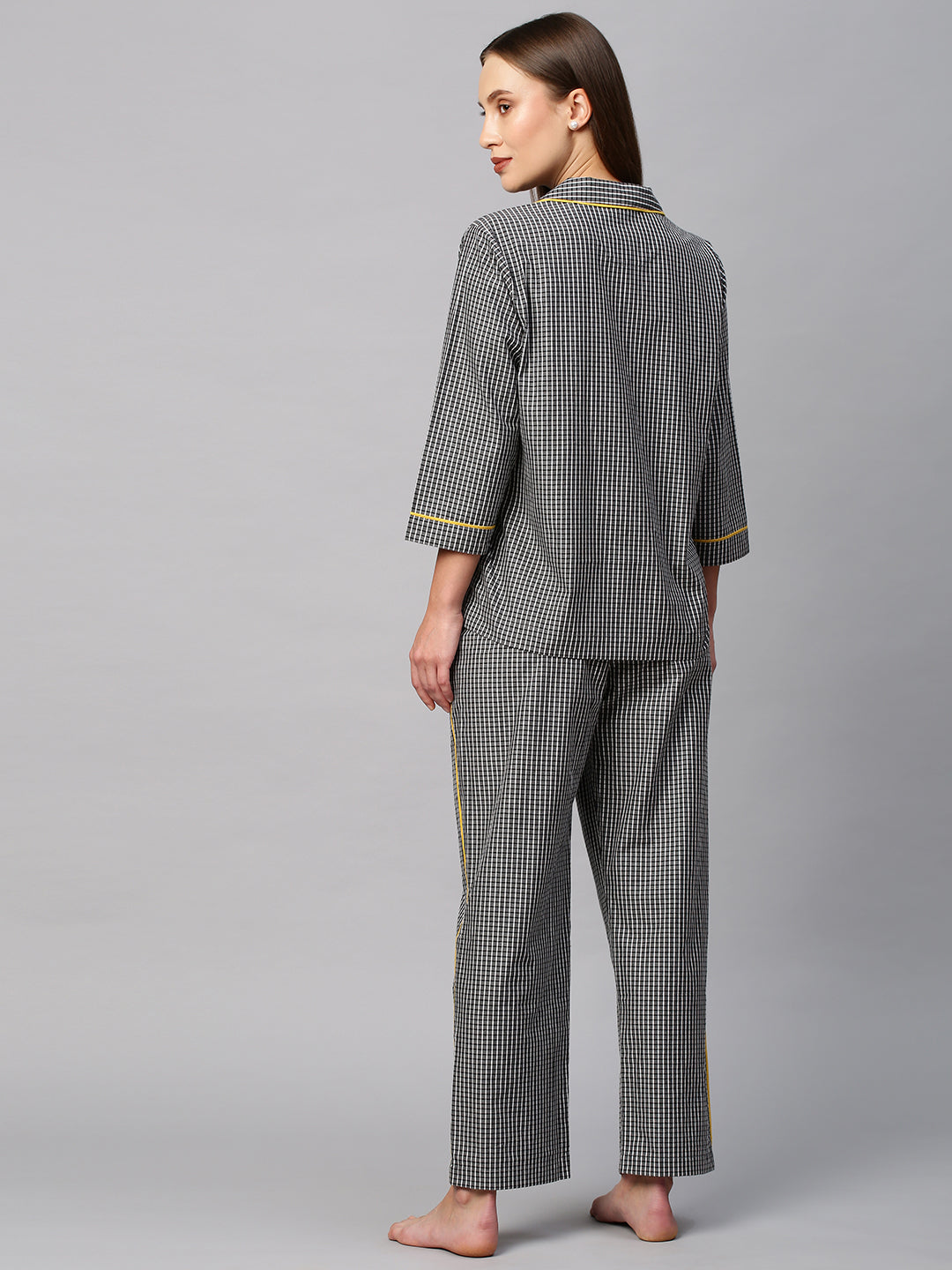 Black & White Checkered Nightsuit W/ Contrast Piping