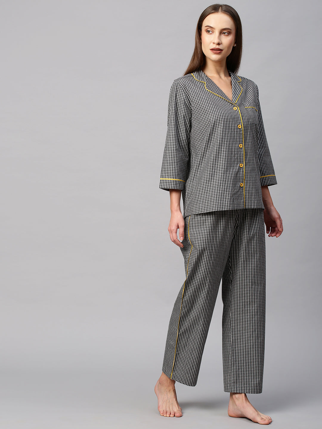 Black & White Checkered Nightsuit W/ Contrast Piping
