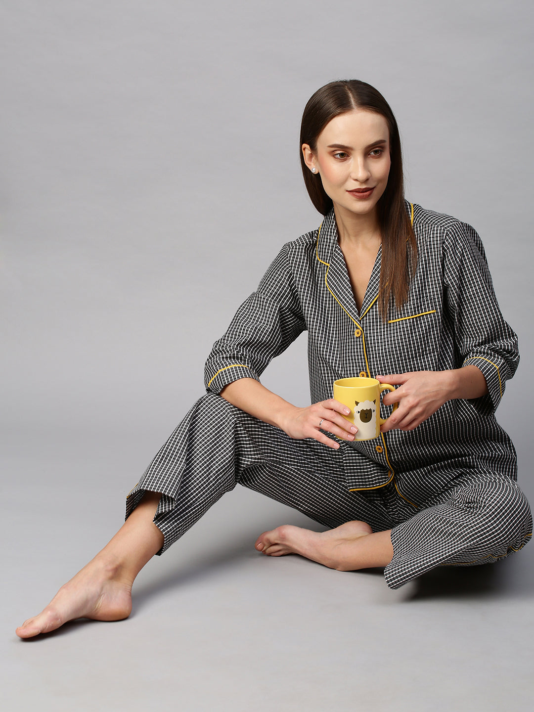 Black & White Checkered Nightsuit W/ Contrast Piping