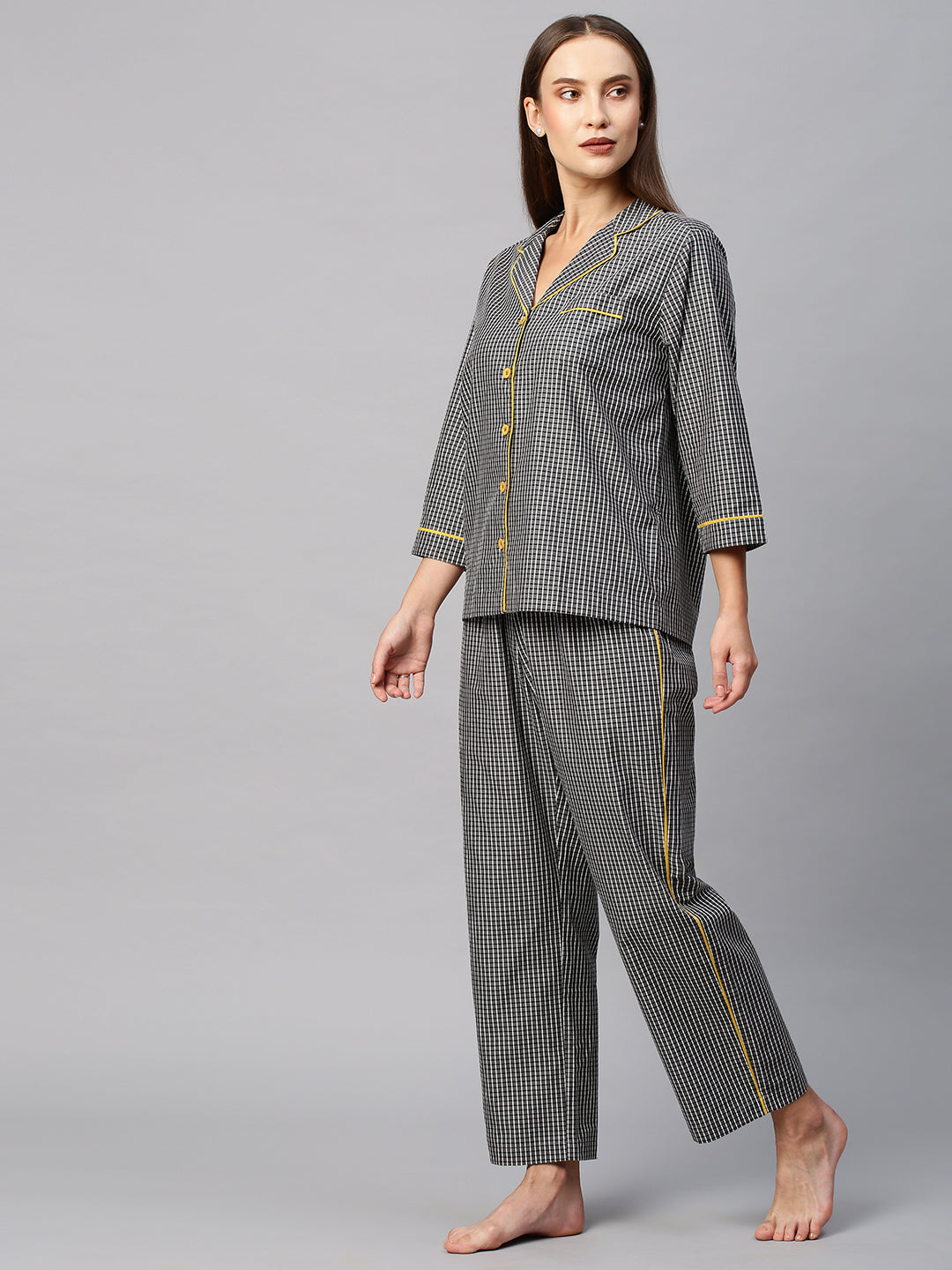 Black & White Checkered Nightsuit W/ Contrast Piping