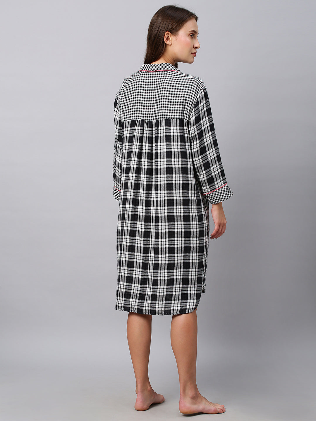 Checkered Double Fabric Cotton Lounge Shirt Dress