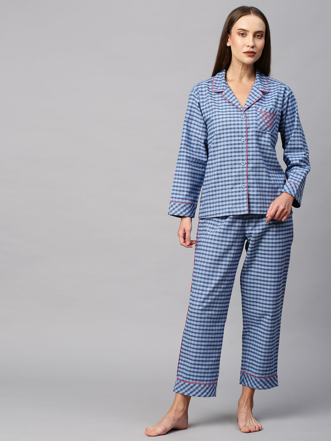Drop Shoulder Checkered Nihgtsuit W/ Contrast Detailing