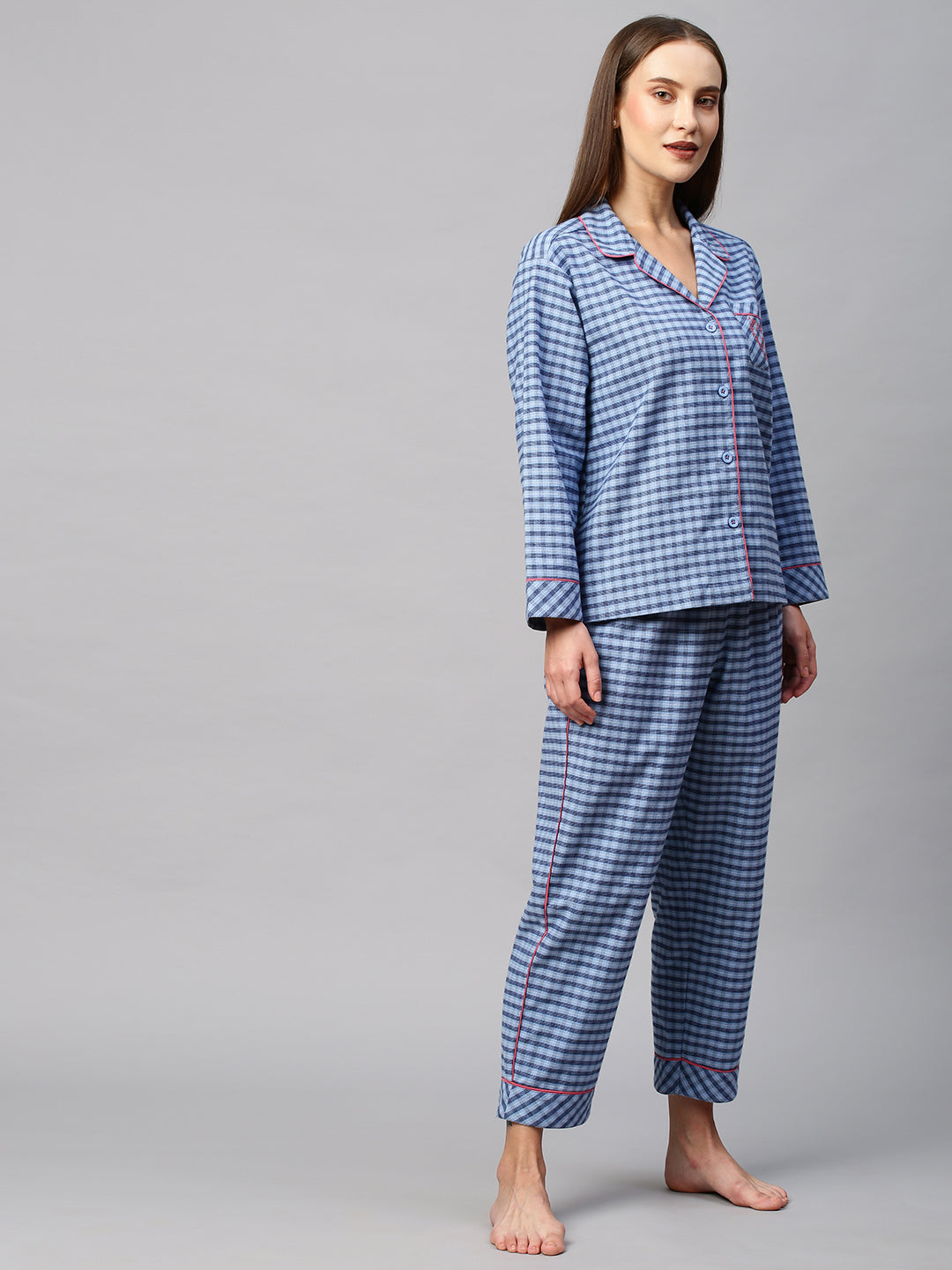 Drop Shoulder Checkered Nihgtsuit W/ Contrast Detailing