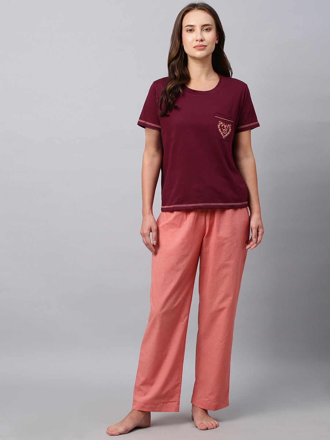 Cotton Jersey Embroidered Tee W/ Chambray Pyjamas