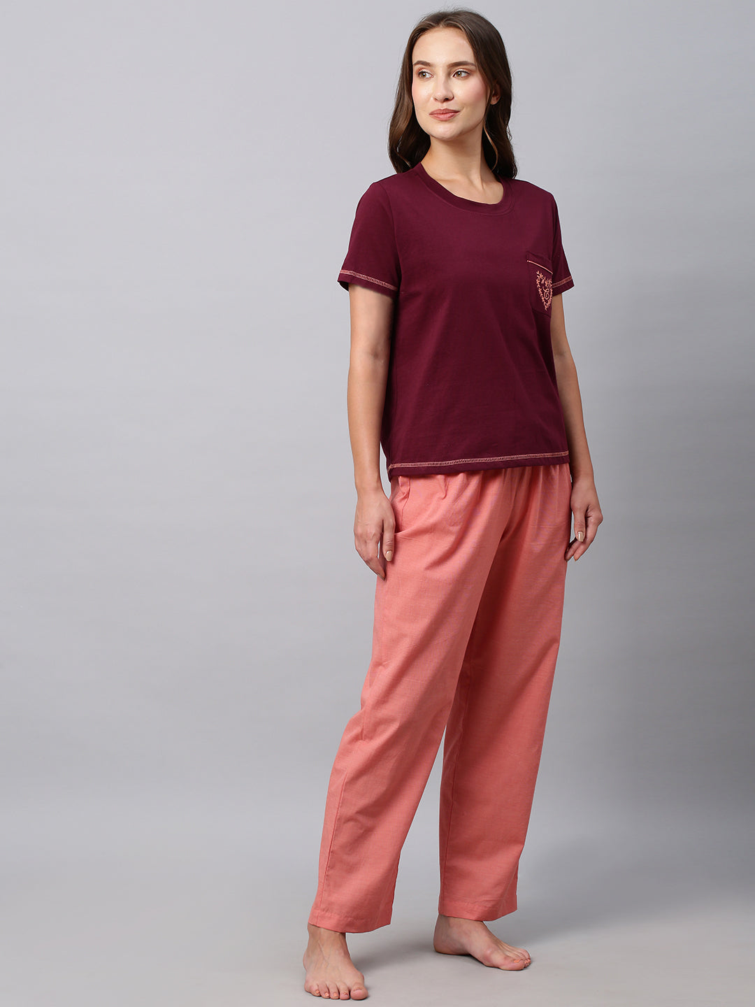 Cotton Jersey Embroidered Tee W/ Chambray Pyjamas