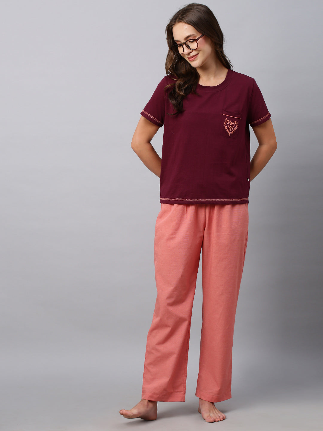 Cotton Jersey Embroidered Tee W/ Chambray Pyjamas