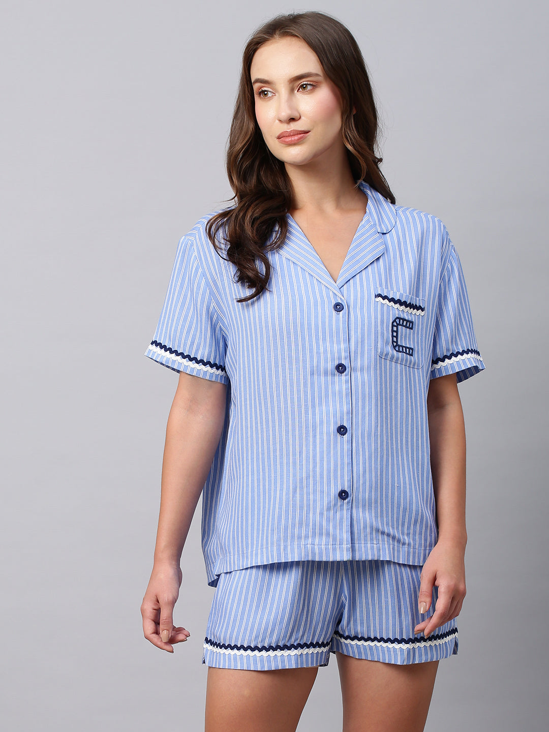 Viscose Linen Striped Nightsuit W/ Ric Rac Detailing