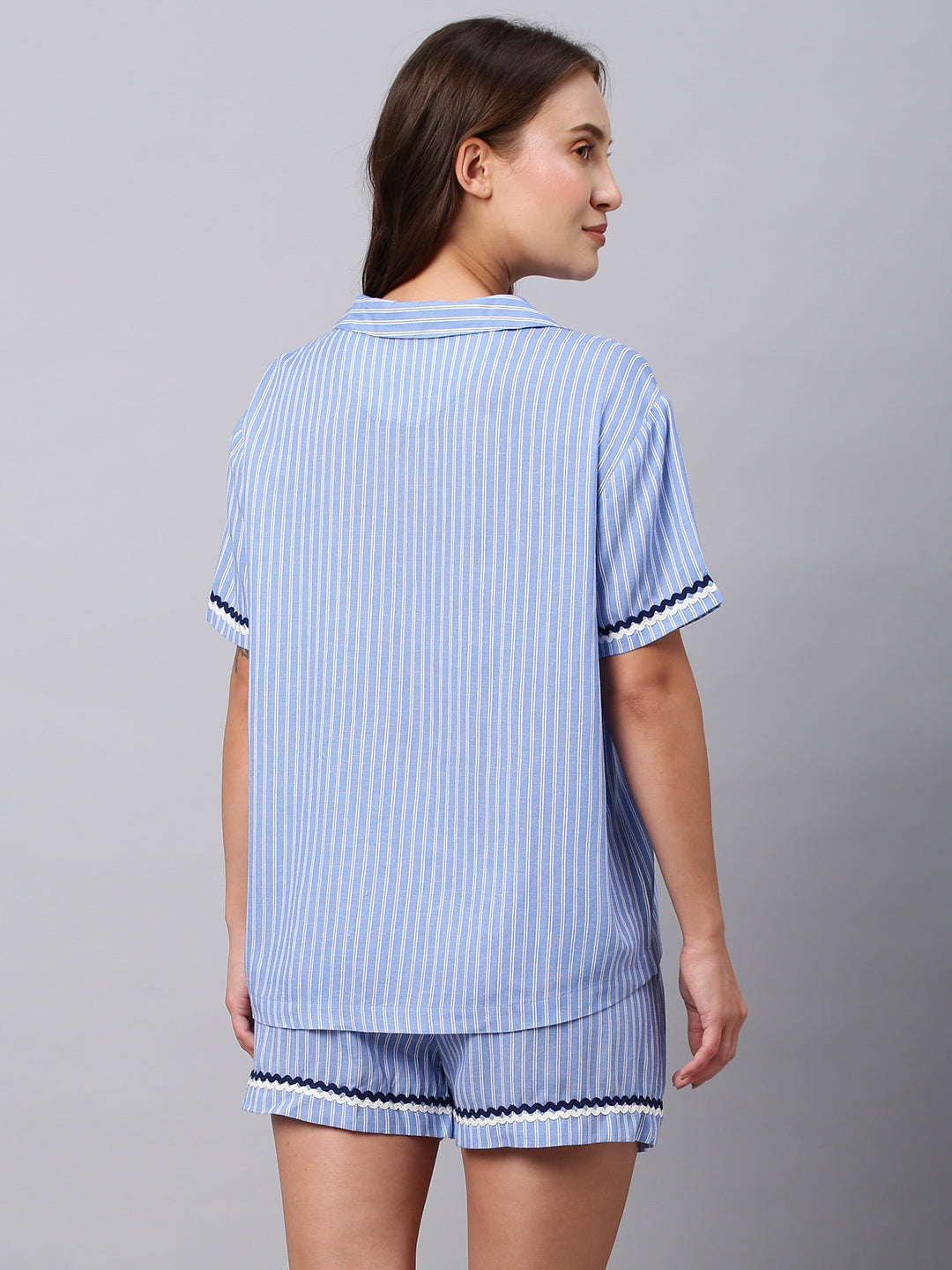 Viscose Linen Striped Nightsuit W/ Ric Rac Detailing