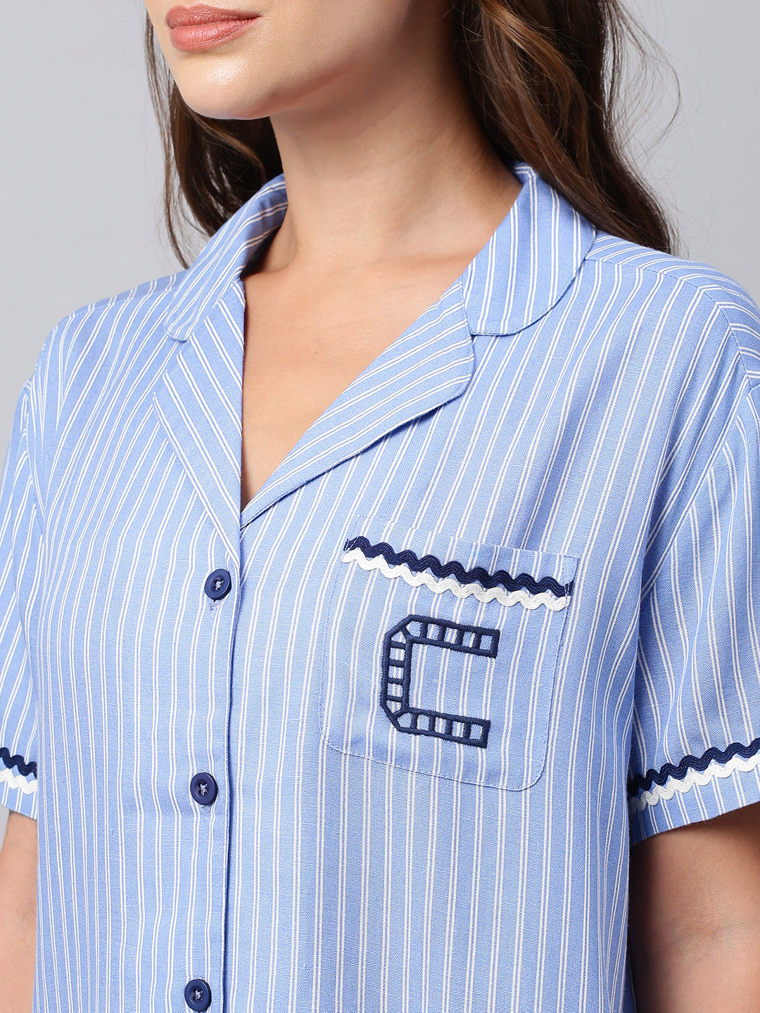 Viscose Linen Striped Nightsuit W/ Ric Rac Detailing