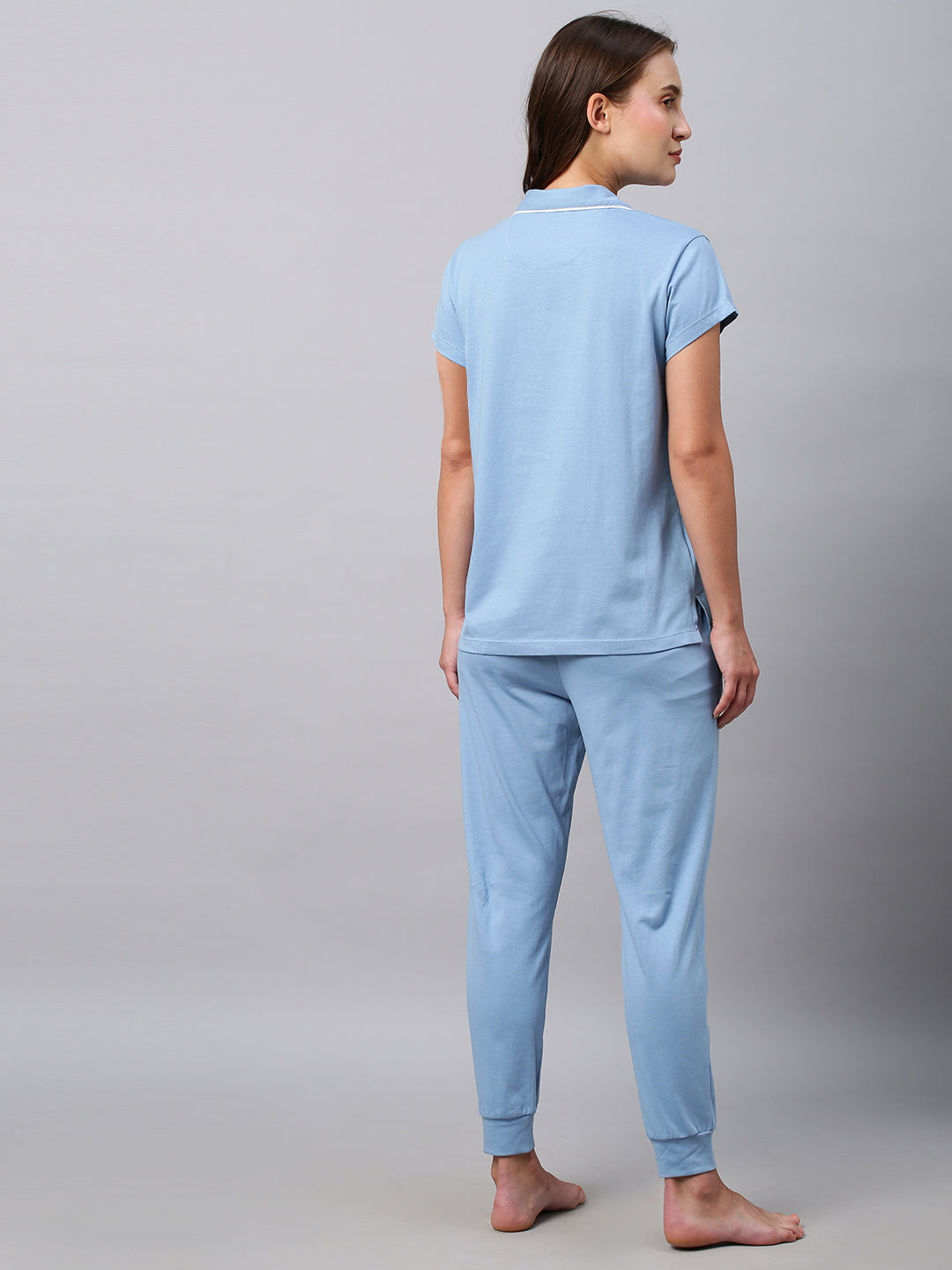 Cotton Jersey Contrast Piped Nightshirt With Joggers