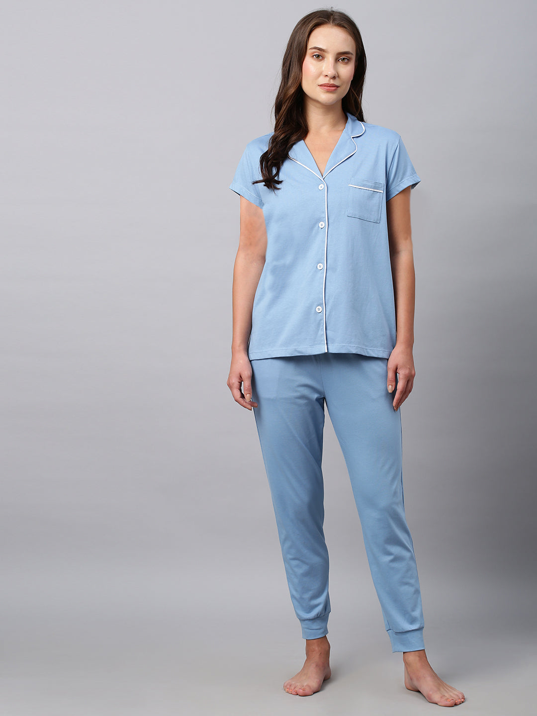 Cotton Jersey Contrast Piped Nightshirt With Joggers