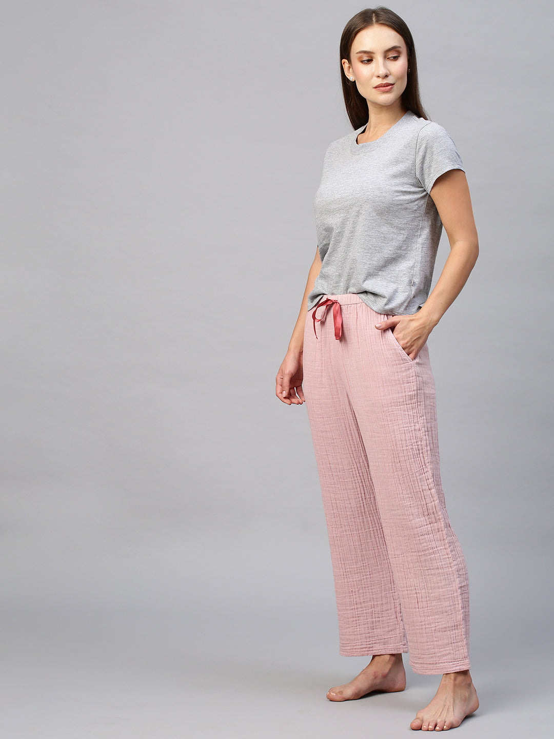 Double Fabric Crinkle Lounge Pj's & Tee With Kimono Wrap