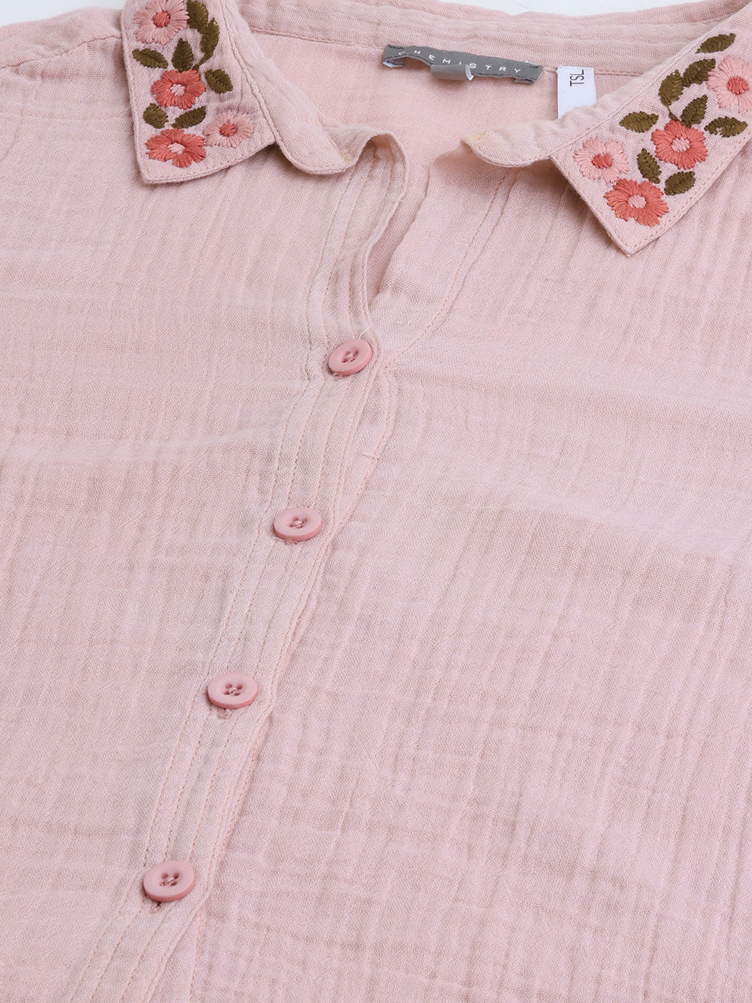 Crinkle Double Crepe Cotton Lounge Set W Embroidered Collar