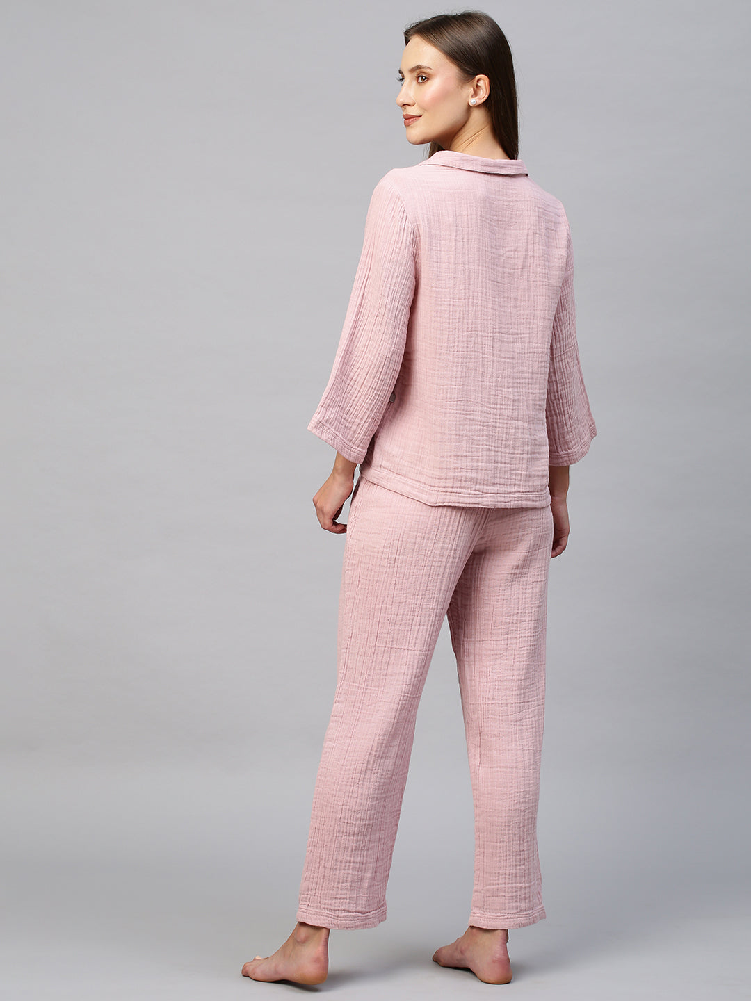 Crinkle Double Crepe Cotton Lounge Set W Embroidered Collar