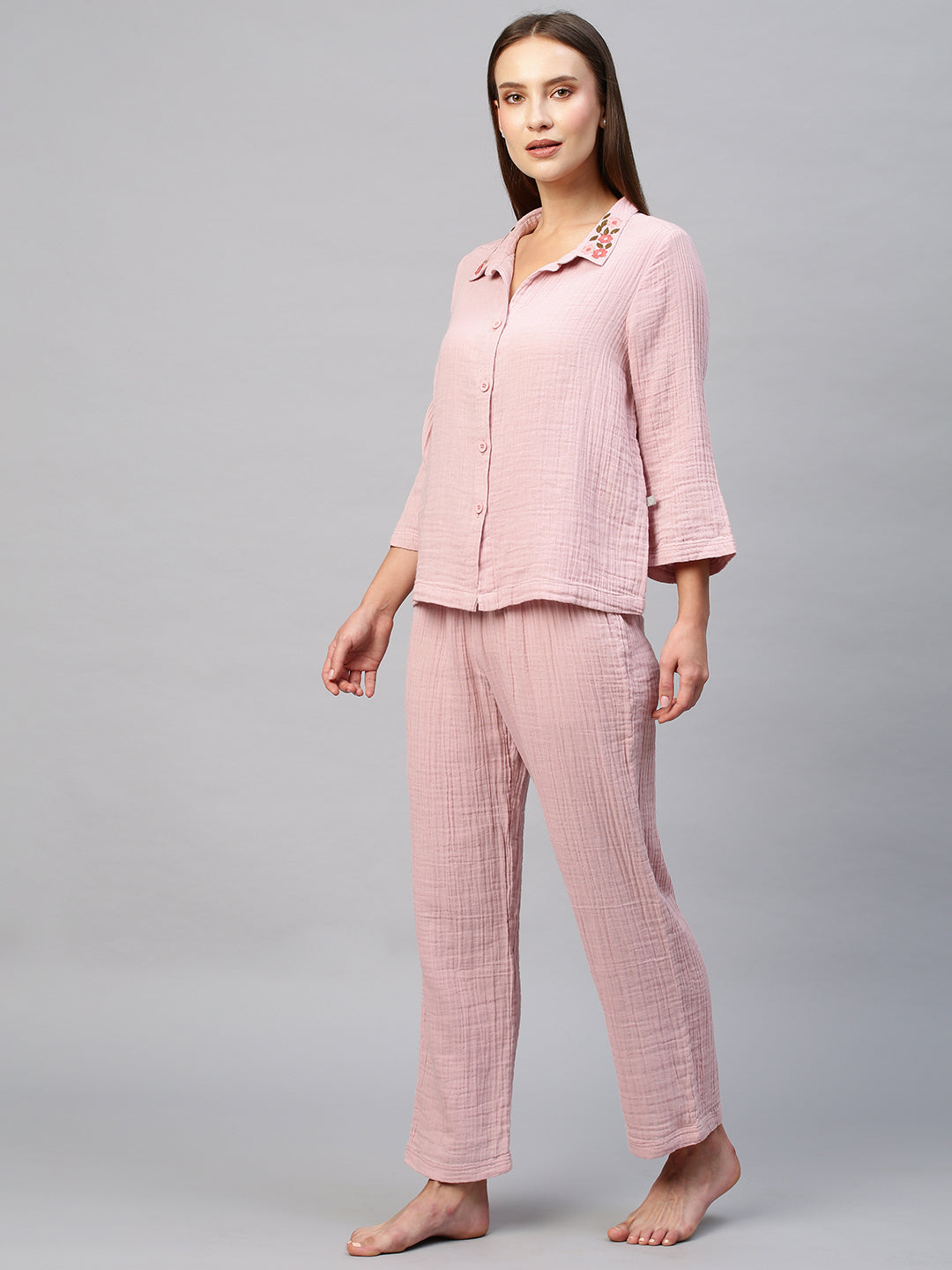 Crinkle Double Crepe Cotton Lounge Set W Embroidered Collar