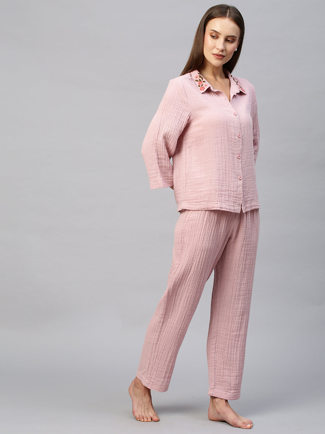 Crinkle Double Crepe Cotton Lounge Set W Embroidered Collar